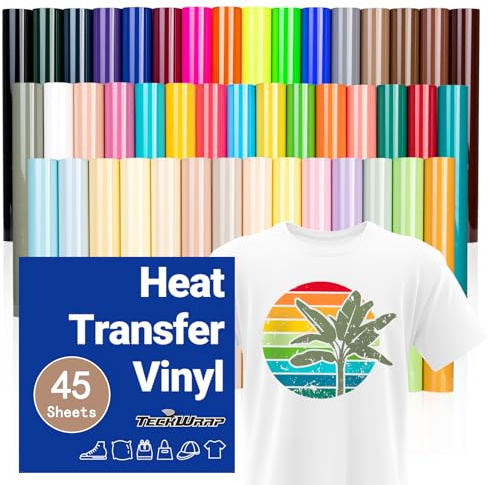 TECKWRAP HTV-Vinyl-Bündel, Wärmetransfer-Vinyl, 30,5 x 25,4 cm, enthält 45 Blatt verschiedene Farben, zum Aufbügeln auf Vinyl-Pack, Wärmepress-Design für selbstgemachte T-Shirts und andere Stoffe