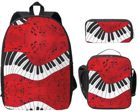 UVBDF Musiknoten-Piano-Rucksack, Büchertasche mit Lunchbox, Federmäppchen für Wochenendabenteuer, Schwarz , Einheitsgröße, Taschen-Organizer