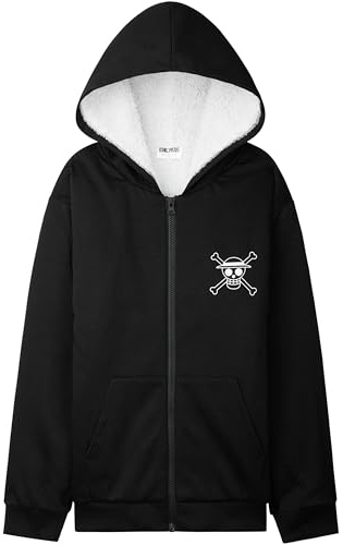 One Piece Hoodie for Boys & Teens 9-16 Yrs, Sherpa Fleece Lined Jacket, Manga Zip-Up Hooded Sweatshirt, Anime Gifts for Boys