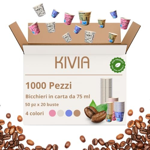Kivia - 1000 Bicchierini Caffè - Monouso Biodegradabili, Bicchieri Caffè Ecosostenibili, Bicchieri da Caffe Usa e Getta 75ml Biocompostabili, Bicchierini Caffe Carta Ufficio, Casa ed Eventi.