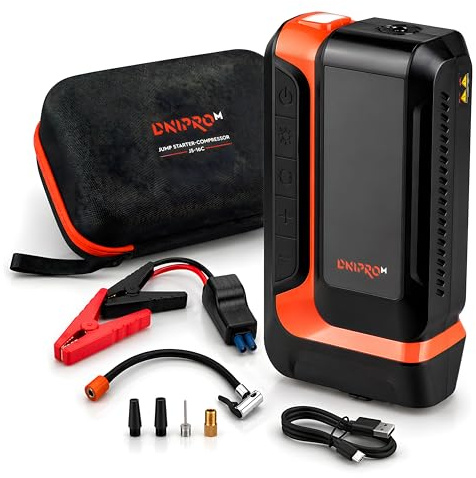 Arrancador de Batería Dnipro-M JS-16C, 2000A Pico, Compresor 150 PSI | Caudal de aire de 24 L/min, pantalla digital │ 4 modos de inflado, unidades PSI/BAR/KPA │ Power Bank USB-A y USB-C
