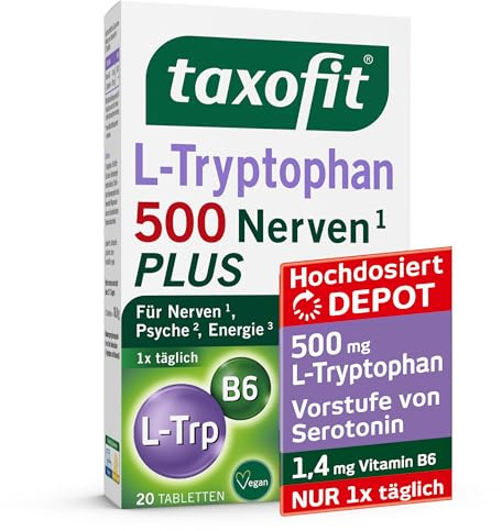 taxofit L-Tryptophan 500 Nerven | für Nerven, Psyche & Energie | 20 St | Mit hochdosiertem Vitamin B6 für Nervensystem & Psyche, verringert Müdigkeit, Depot-Tablette, vegan, glutenfrei, laktosefrei