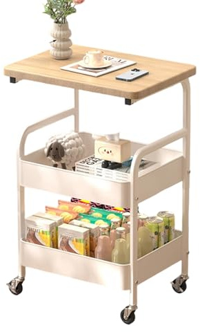 Crevyteg Metall Aufbewahrungswagen, Küchenwagen mit 3 Ebenen, Sevierwagen mit 360° Drehbaren Rädern und Tischplatte, Rollwagen für Küche, Bad, Büro, 43 x 30 x 78 cm, Weiß