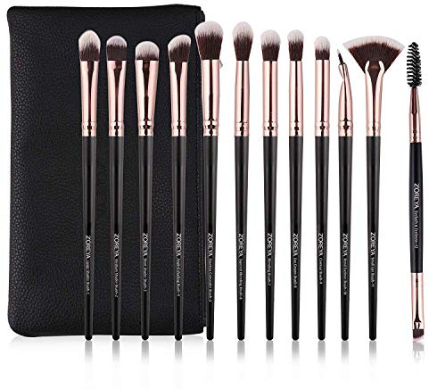 Zoreya Lot de 12 pinceaux de maquillage professionnels pour fard à paupières, sourcils, estompage, éventail, cils avec sac de transport (noir)