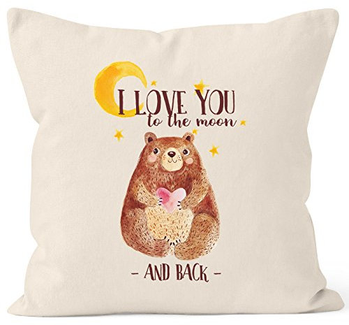 MoonWorks Kissenbezug Bär mit Herz Watercolor I Love You to The Moon and Back Geschenk-Kissen Liebe 40x40 Baumwolle Natur 40cm x 40cm