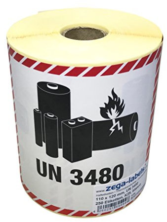 Gefahrgutetiketten auf Rolle - UN 3480 - Lithium-Ionen-Batterien - ohne Telefonnummer/zum selbstbedrucken - 250 Stück je Rolle - 120 x 110 mm - Haftpapier - Kern 25 mm für Desktopdrucker