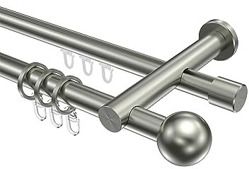 Interdeco Gardinenstangen mit Rundrohr und Innenlauf Edelstahl Optik 20 mm Ø zweiläufig Platon Luino, 180 cm