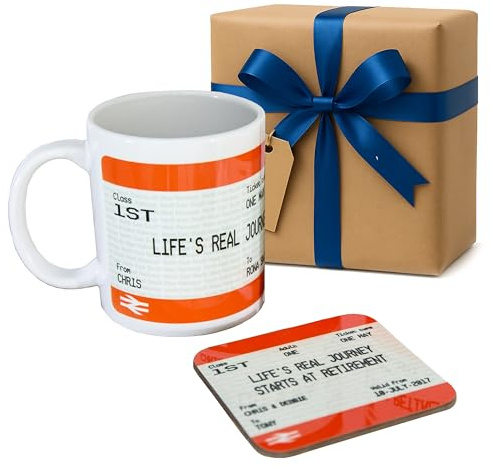 Personalised Retirement Gift - Life Begins at Retirement Train Ticket Print Mug and Coaster