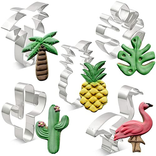 KENIAO Tropical Flamingo Cookie Cutter Set - 5 Piece - Flamingo, Palm Tree, Cactus, Pineapple and Tropical Leaf Fondant Biscuit Cutters - Stainless Steel
