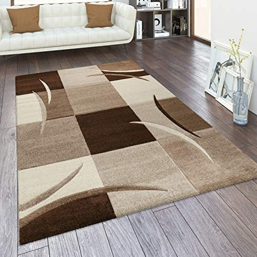 Paco Home Teppich Wohnzimmer Kurzflor Schlafzimmer Modern Geometrisches Muster Kariert Meliert, Grösse:120x170 cm, Farbe:Braun