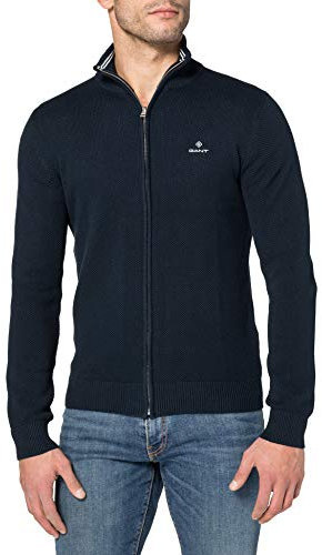 GANT Cardigan In Cotone Piqué Con Cerniera, Maglione cardigan Uomo, Blu - Evening Blue, 3XL