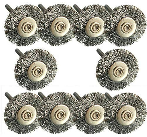 TF 10pcs Stainless Steel Wire Brushes, Crimped Wire, Medium Grit, 3mm Shank, Polishing & Cleaning Set for Metal, Wood, Stone