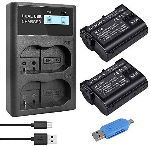 CITYORK 2 Pack EN-EL15 EN-EL15A 2500mAh Replacement Battery and Smart LED Dual Charger Kit for Nikon D750, D7200, D7500, D850, D7100, D610, D500, MH-25a, D7000, Z6, D810 Digital Camera