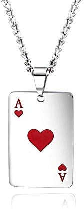BlackAmazement Halskette mit Anhänger Edelstahl Pik Herz Ass Spielkarte Zocker Lucky Poker Silber Damen Herren (Modell - Herz Ass)