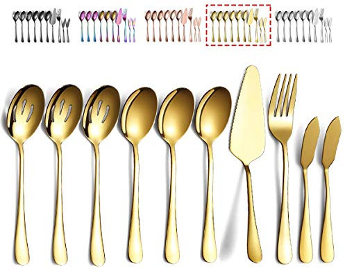 Kyraton Gold Besteck Servierset 10 Stück, Servierset beinhaltet 3 Servierlöffel, 3 geschlitzte Löffel, 1 Serviergabel, 1 Tortenheber, 2 Buttermesserverteiler Spread