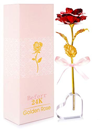 Beferr Rose Gift for Her Red Flower Gift w/Heart Stand Birthday Christmas | Golden Foil Forever Rose,Birthday Gifts for Mum,Grandma,Wife,Girlfriend,Eternal Rose Gift,Anniversary,Valentines,Mothers Day
