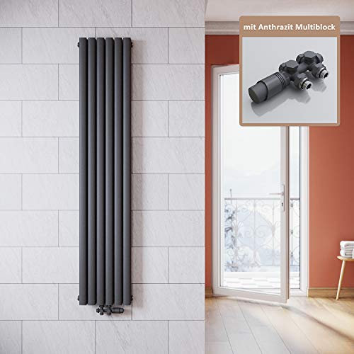 ELEGANT Radiador vertical antracita 1800 x 354 mm con multibloque, color antracita, termostato, diseño de doble capa, radiador tubular, radiador de baño, conexión central