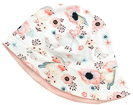 Kleine Könige Sonnenhut Sommer Mütze Baby Mädchen · Modell Blumen Vogel Birds weiß, Altrosa · Ökotex 100 Zertifiziert · Größe 122/128