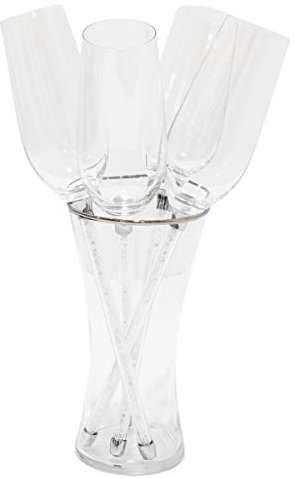 5-Piece Champagne Stem and Vase Set, Unique, Crystal Glass, In Satin-Lined Gift Box, For Elegant Celebration Glassware, Silver, 10 Tall, Includes 4 Flutes & 1 Vase