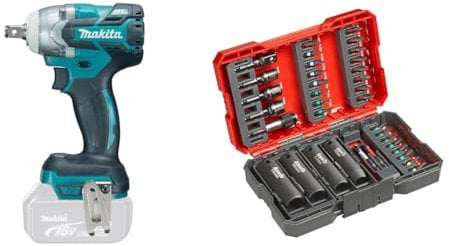 Makita DTW300Z Akku-Schlagschrauber 18,0 V (ohne Akku, ohne Ladegerät) + kwb Bit-Box für Impact-/ 35-teilig Bitset mit Bithalter und schlagfesten Steckschlüsseln, E C 6.3 Schäfte