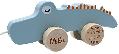 Nachziehtier Krokodil - personalisierbar I Handmade Holzspielzeug ab 1 Jahr I Tryco Baby Spielzeug aus Holz I Personalisierte Geschenke Baby I Holz Ziehtier mit Name & Geburtsdaten
