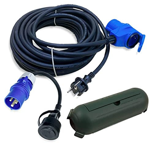 CEE Adapterleitung Set 15m Winkelkupplung an Schuko Stecker + CEE Adapter Kabel u. Schutzbox grün - H07RN-F 3x2,5mm² 230V 16A Stromadapter - Camping-Kabel Set für Wohnmobil Wohnwagen Boot