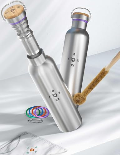 FOXBOXX Botella de agua aislada, 1 litro, acero inoxidable premium, colador de té + cepillo orgánico + juntas 5 colores + mosquetón + bolsa / termo | cepillado - satinado mate