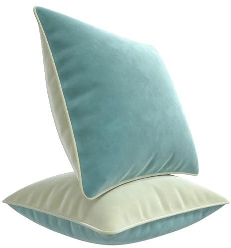 Blau Marité Set aus Zwei dekorativen Kissenbezügen. Aus superweichem Samt hergestellt. Moderne Designs mit kontrastierendem Rand. Die Füllung ist Nicht inbegriffen. (Hellblau und Weiß, 45x45 cm)