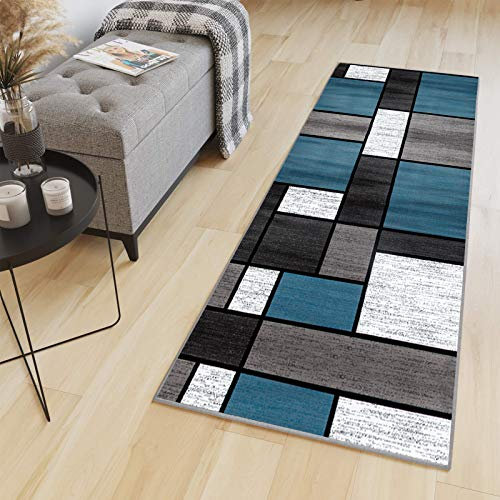 HaiTaoSy Tapis Cuisine Devant Evier Antidérapant et Lavable - Couloir Long Moderne Motifs Géométriques, d Entree Interieur, de Passage au Metre pour Salon Chambre, 40x100cm, Bleu, Blanc