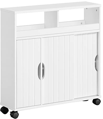 Abician Meuble Rangement Salle de Bain Toilette avec roulettes, Porte Coulissante, Armoire Etroite WC en Bois pour Papier Toilette Blanc