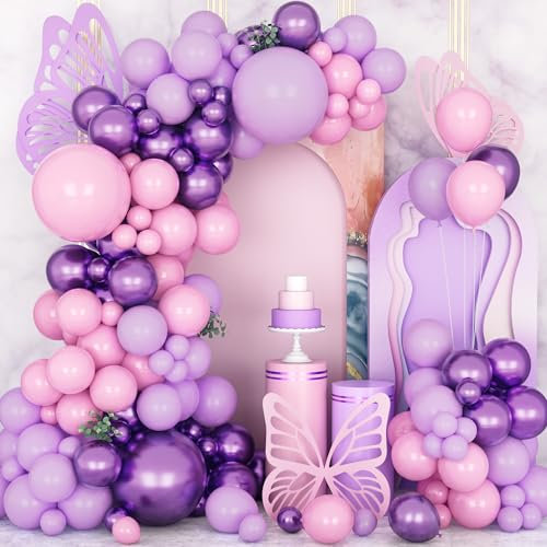 Kit Arco Palloncini Rosa Viola, 133 Pz Palloncini Argento Viola Metallico Rosa con Coriandoli Palloncini per Compleanno Ragazze Baby Shower Matrimonio Anniversario Decorazioni
