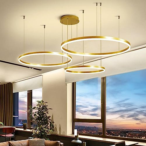 LED Pendellampe Moderne Wohnzimmerlampe Hängeleuchte 3 Ringe Pendelleuchte Dimmbar Mit Fernbedienung Kronleuchter Höhenverstellbar Esstischlampe Hängelampe Aluminium Runde Acryl Beleuchtung ( Color :