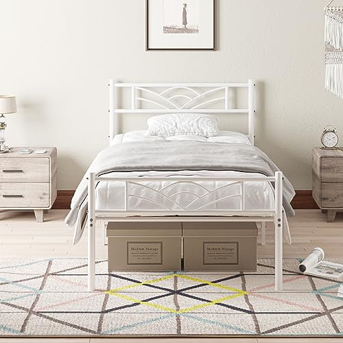 Panana Single Bed Frames with Headboard 3ft White Metal Double Bed Frame with Storage Heavy Duty with Steel Slats No Box Spring Needed(White,3FT)