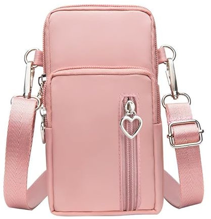 Custodia per cellulare da donna, con portafoglio, in nylon, piccola borsa a tracolla con ingresso per cuffie, tracolla regolabile, mini tracolla (rosa) (C), Nero , C