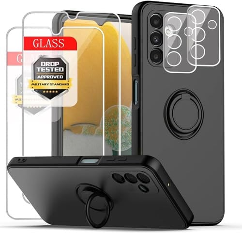 Esakycn for Samsung Galaxy A15 4G / 5G Case, Phone Case with 2 Pack Screen Protector and Camera Lens Protector, Silicone with Kickstand Ring Holder Magnetic Car Mount for Samsung A15 5G 6.5, Black