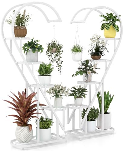 COSTWAY Support pour Plantes en Métal à 5 Niveaux, Étagère à Fleurs avec Crochet, Porte Plantes en Forme d'Échelle et de Demi-cœur, pour Salon, Balcon, 71 x 30,5 x 148 CM (Blanc)