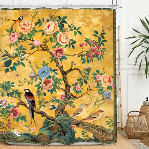 Miyotaa Duschvorhang-Set mit Vintage-Blume, 152 x 180 cm (B x H), Vögel, Retro-Blüte, Gelb, indische böhmische Pfingstrose, Polyester, wasserdicht, Badezimmer-Vorhang mit 12 Haken
