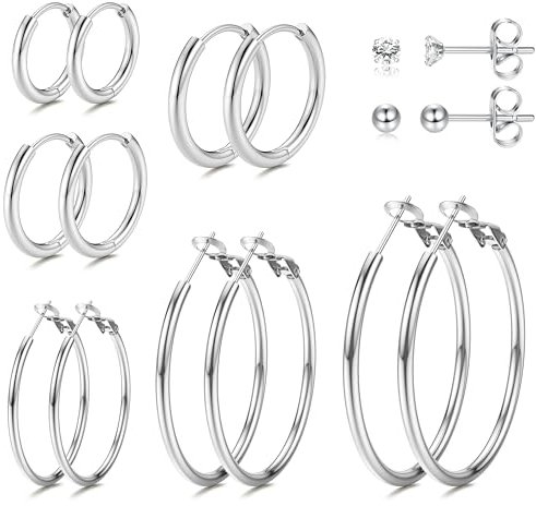Dochais 8 Paar Silber Ohrringe Damen Creolen 14K Vergoldete Ohrringe Ohrstecker Silber Set Hypoallergen Ohrstecker Zirkonia Ball Creolen Klein Silber Hoop Earrings Creolen Groß für Damen Herren