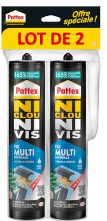 Pattex Ni Clou Ni Vis Fix Multi Matériaux Intérieur & Extérieur, Lot de 2 cartouches de 450 g, colle de fixation, colle forte tous supports, mastic blanc