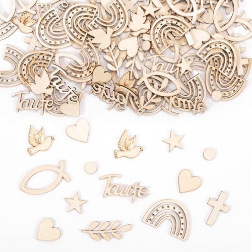 Streudeko Taufe, 180 Stück Tischdeko Taufe Junge Mädchen, Holzherzen Holzfische Regenbogen Streudeko Holz Taufe Deko für Firmung Kommunion Konfirmation Babyshowerparty Taufdeko