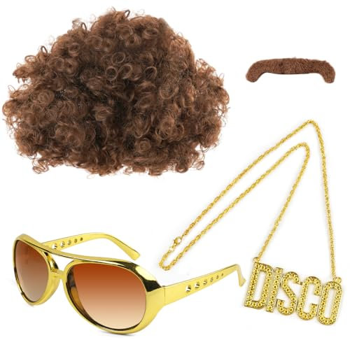 Hippie Kostüm Herren, 4 Stück 70's 80's Jahre Karneval Kostüm Herren, Mode Afro Perücke, Halskette, Schnauzbart, Sonnenbrille, Disco Hippie Kostüm Accessoires Set für Karneval, Cosplay, Themen Party