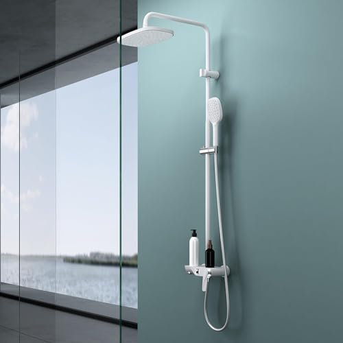 doporro Design Duscharmatur in Weiß | Duschstange mit Duschkopf rechteckig und Regendusche | Duschsystem wassersparend mit Wandhalterung
