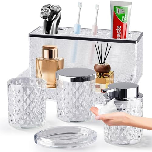 Badezimmer-Zubehör-Set aus Glas, 5-teilig, Kristall, schäumender Seifenspender, Seifenschale, Tasse, Acryl-Zahnbürstenhalter mit Ablage, Organizer, Qtip-Glas, Badezimmer-Theken-Set, Waschbecken-Dekor