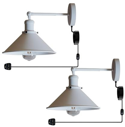 DC VOLTAGE Set of 2 White Wall-Mounted Industrial Plug-in Sconces – Adjustable Conical Shade, Dimmable 2M Cord, Vintage Style Wall Lamps for Bedroom, Living Room, or Office – E27 Bulb Compatible
