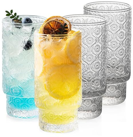 POLIDREAM Drinking Glasses Set of 4, 480ml Vintage Whiskey Glasses Embossed Glass Tumblers Flower Pattern Cocktail Glasses Water Glasses for Beer Juice Whiskey Cocktail Milk(7.5x7.5x14.5cm)