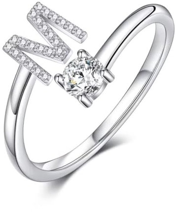 TINGN Silber Ringe 925 Frauen, Verlobungsring Damen Ringe mit M Buchstaben, Sterling Ring Damen, Kinderringe Mädchen Silber 925 Verstellbar Ring mit Stein