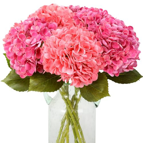 JUSTOYOU Hydrangea Flowers Artificial,4 PCS Double Colour Single Long Stem Realistic Hydrangea Flowers, 19.6Inch Large Real Touch Fake Hydrangea Bouquets for Wedding Home Party(deep pink and rose red)