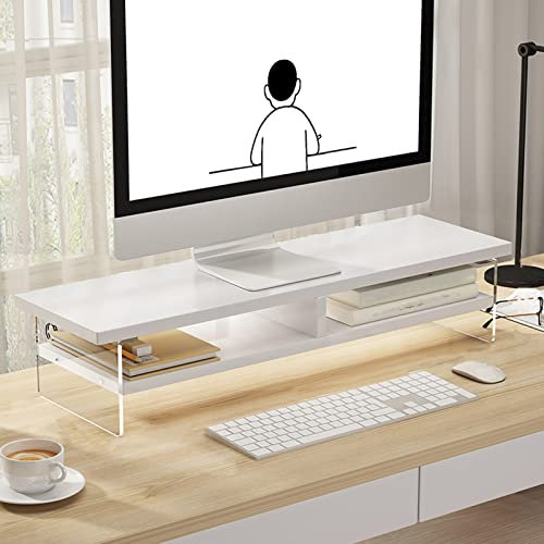Supporto per monitor in legno con supporto in acrilico, bianco, 70 cm, scaffale per computer e TV, espositore a 2 ripiani