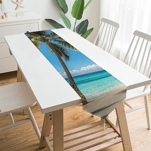 Tischläufer für Heimdekoration, Palmen und klares Meer, Tischläufer mit Quasten, langer Tischläufer im Bauernhaus, für Esstisch, Hochzeit, Party, Kommode