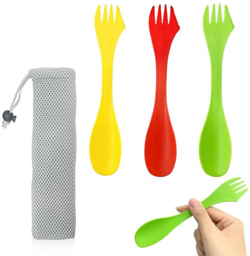 Lot de 3 couverts de camping portables 3 en 1 en plastique réutilisables avec pochette portable pour l'extérieur, le camping, la randonnée, les voyages (rouge, vert et jaune)